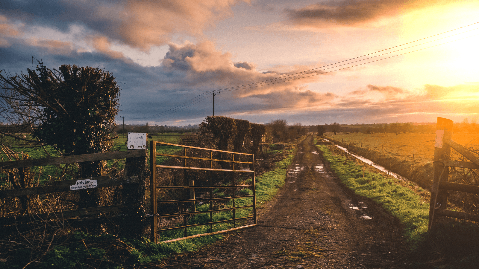 Open gate leading to dirt road at sunset