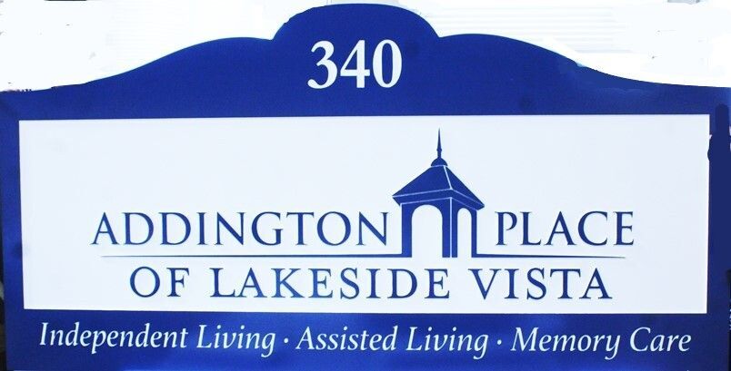 K20357A - Carved 2.5-D HDU Entrance Sign for "Addington Place of Lakeside Vista" for  Independent and Assisted Living.