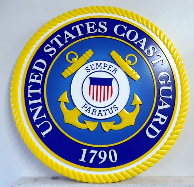 V31902- Carved 3-D Wall Plaque of the Seal of the United States Coast Guard (USCG), Version 1 (outer ring with text)