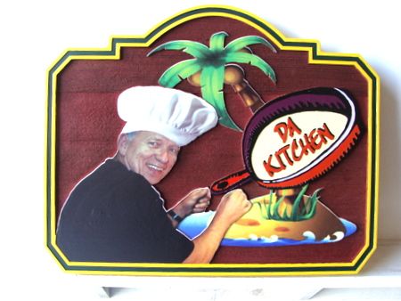 Q25721 - Carved Cedar Sign, Tropical Chef with Skillet 