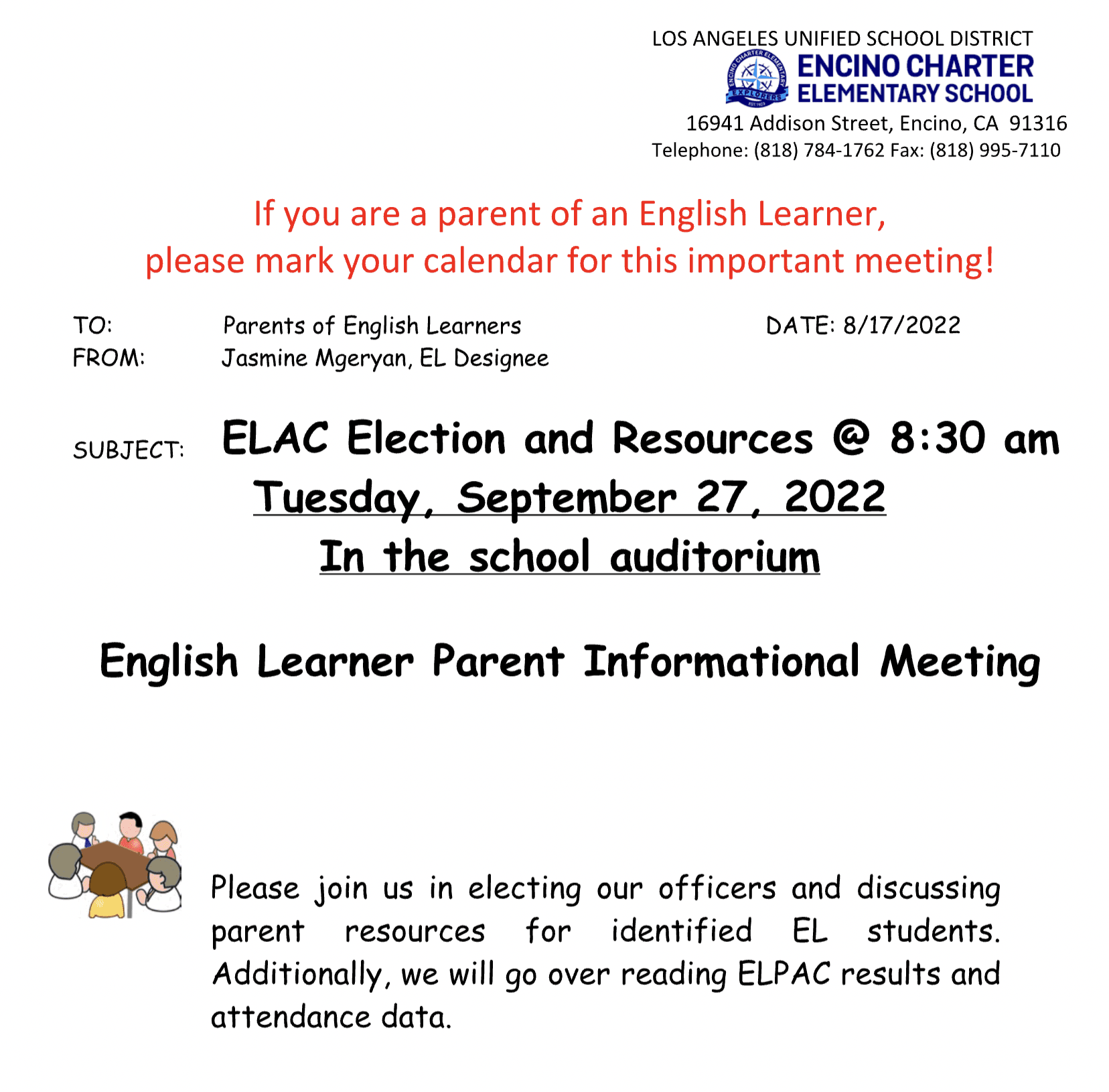 ELAC Election and Resources Encino Charter Elementary School School