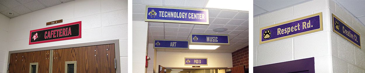 3 pictures school signs, hallway signs, room signs, custom signs in many colors with logos, hanging signs