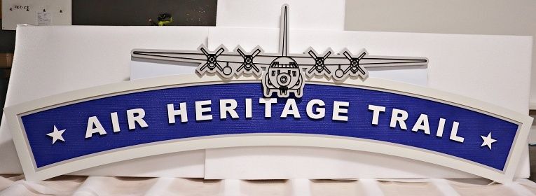 G16143A- Carved and Sandblasted HDU Sign for "Air Heritage Trail" with Airplane Artwork
