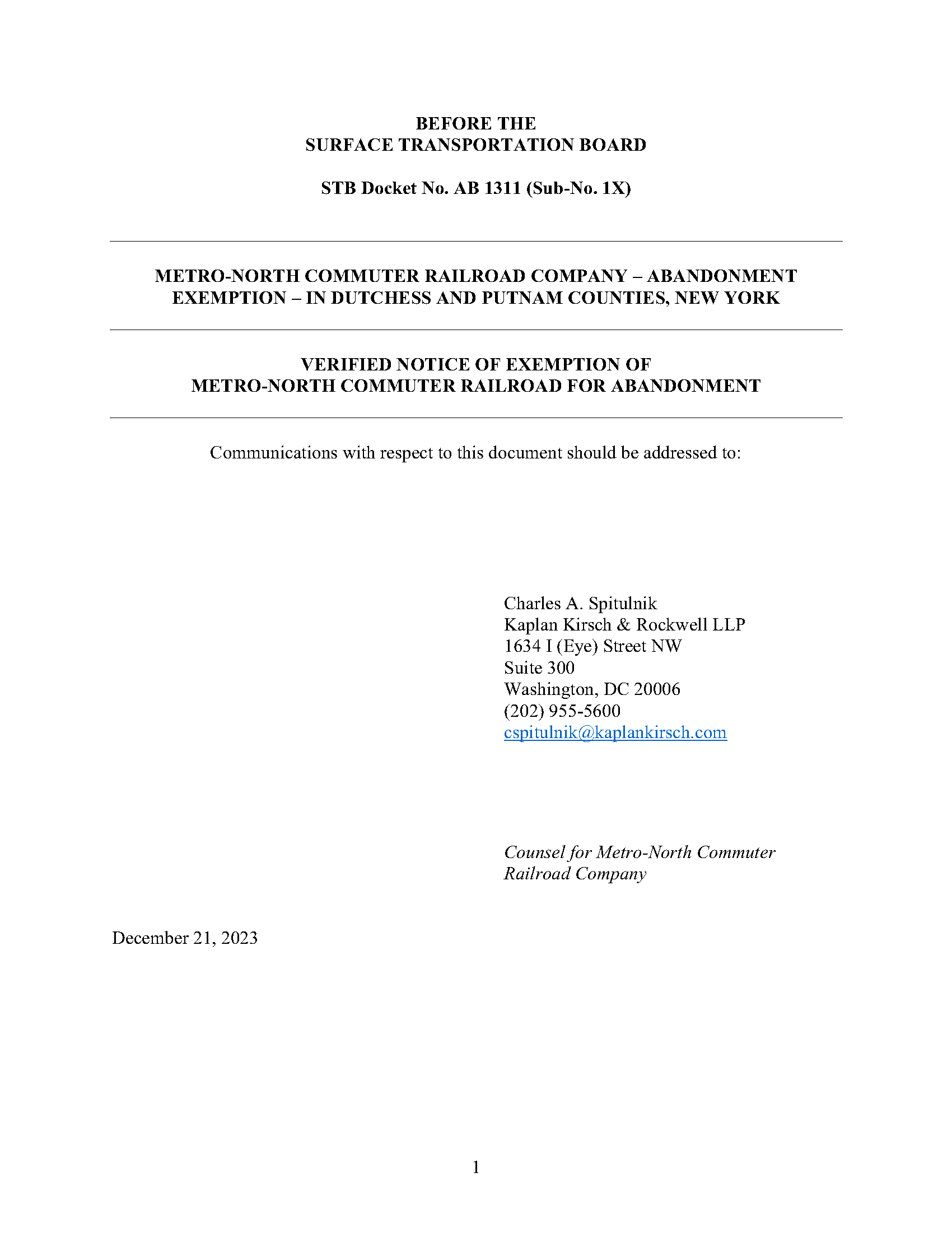 Verified Notice of Exemption