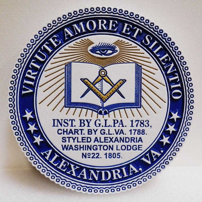 UP-2045 - Carved Engraved Plaque for Alexandria Washington Mason Lodge, Artist-painted
