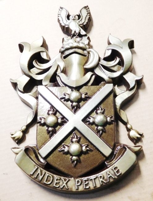 SP-1100 - Carved Wall Plaque for College Fraternity Coat-of-Arms / Crest, Artist Painted in Metallic Silver