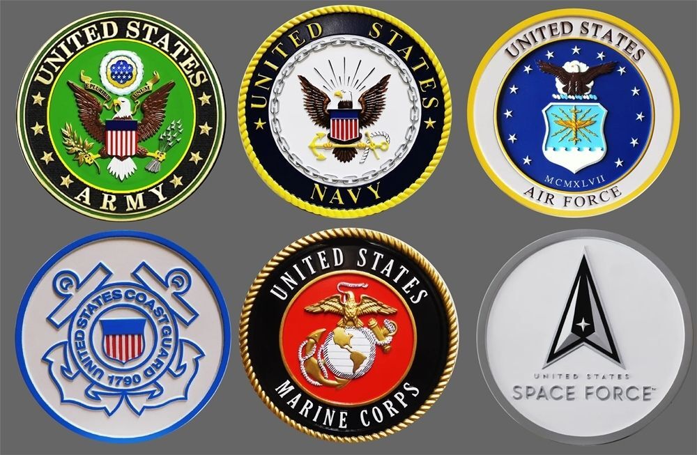 IP-1252 -  Set of Six Carved Plaques of the Emblems of the Six Armed Forces, Navy, Marines, Air Force, Army & Coast Guard, Artist Painted (Type 1)