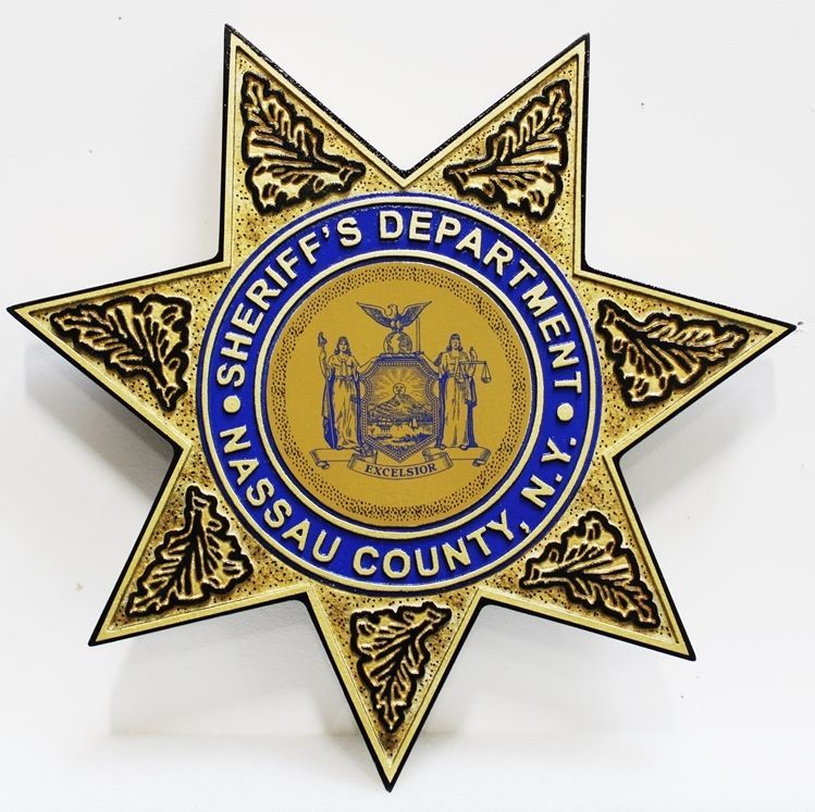 PP-1803 - Carved 2.5-D HDU Plaque of the Star Badge of  Sheriff 's Department, Nassau County, New York