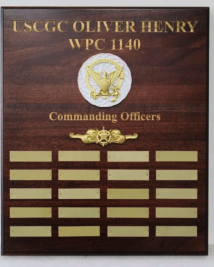 SA6160 - Carved  Mahogany Plaque  Listing  Previous  Commanders of the US Coast Guard Cutter Oliver Henry