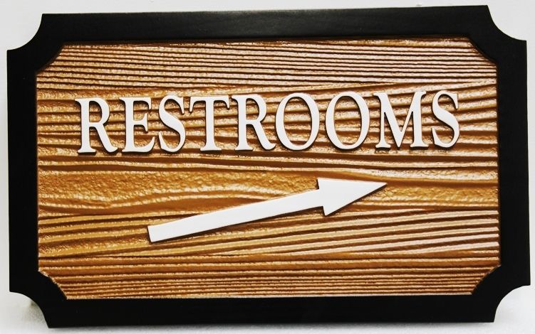 G16345 - Carved  2.5-D  "Restrooms" Directional Western Red Cedar Wood Sign