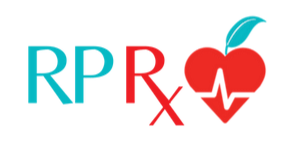 RP Rx Logo. "RP" is teal and "Rx" is red with the "x" connecting to the "R" and extending below the line. To the right is the logo image, a red heart with a white pulse line across the center. A teal leaf sticks out of the center of the heart's top, leani
