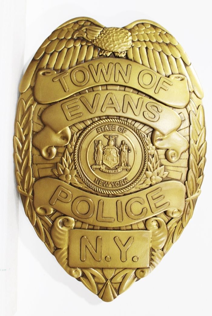 PP-1434 - Carved 3-D Bas-Relief High-Density-Urethane Plaque of a     Badge of  a Police Officer of the City of Evans, New York