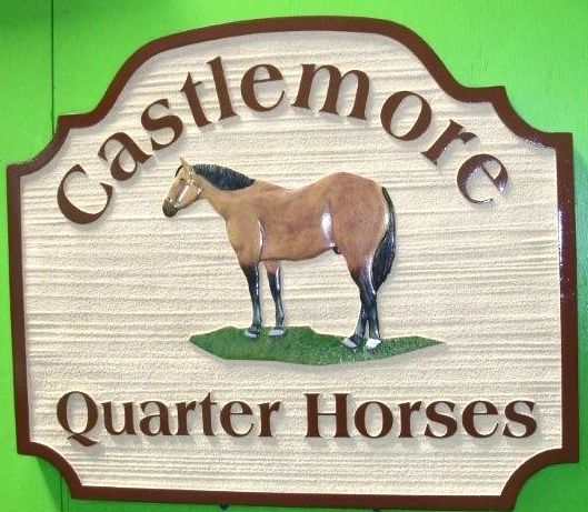 P25120 - Sandblasted (Wood Grain) HDU "Castlemoor Quarter Horse " Ranch Sign with Carved 3D Quarterhorse in Profile