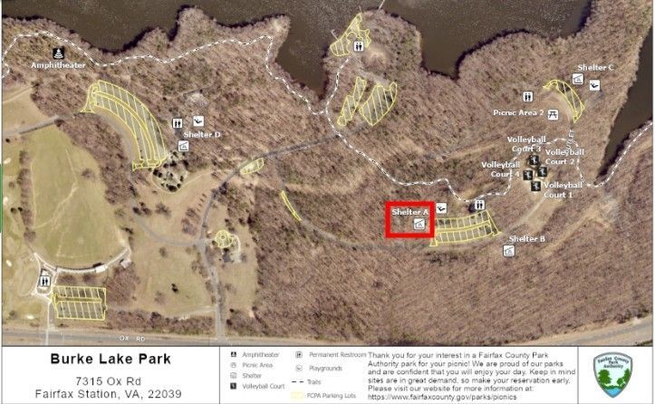 Map of Burke Lake Park with Shelter Locations Depicted.