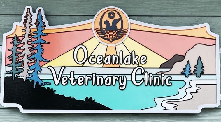 BB11781 - Carved HDU Sign for the Oceanlake Veterinary Clinic, with  a Mountain, Tree and Lake Scene as Artwork