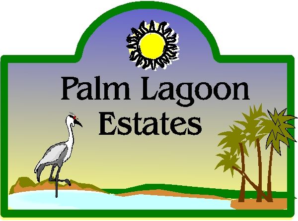 L21642 - Sign for "Palm Lagoon Estates" with Sun, Water, Palm Trees and Crane 