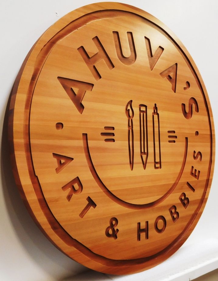 SA28070 - Carved and Engraved Western Red Cedar sign for  Ahuya's Art & Hobbies Store, 2.5-D with Paintrush and Pencil as Artwork