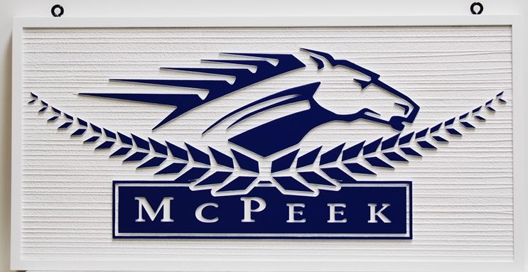 P25309 - Carved and Sandblasted Wood Grain Sign  for "McPeek"  features a Stylized  Head of a Racing Horse
