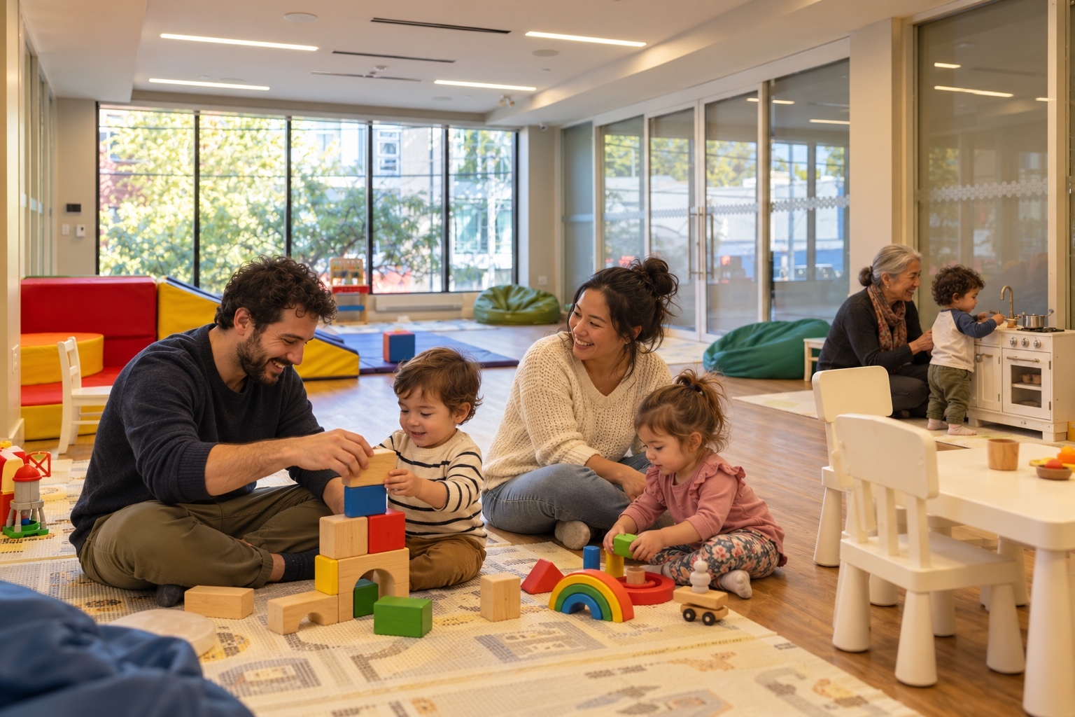 Illustration of young children playing while parents and caregivers spend time together at Beaches Sandbox.