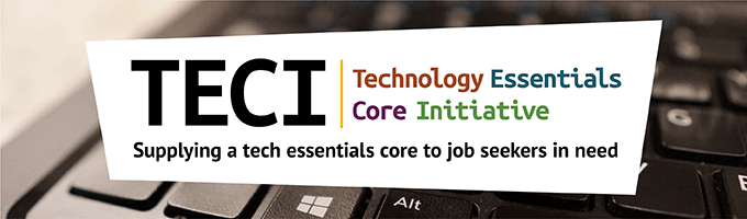 TECI Technology Essentials Core Initiative; Supplying a tech essentials core to job seekers in need; Showing laptop keyboard