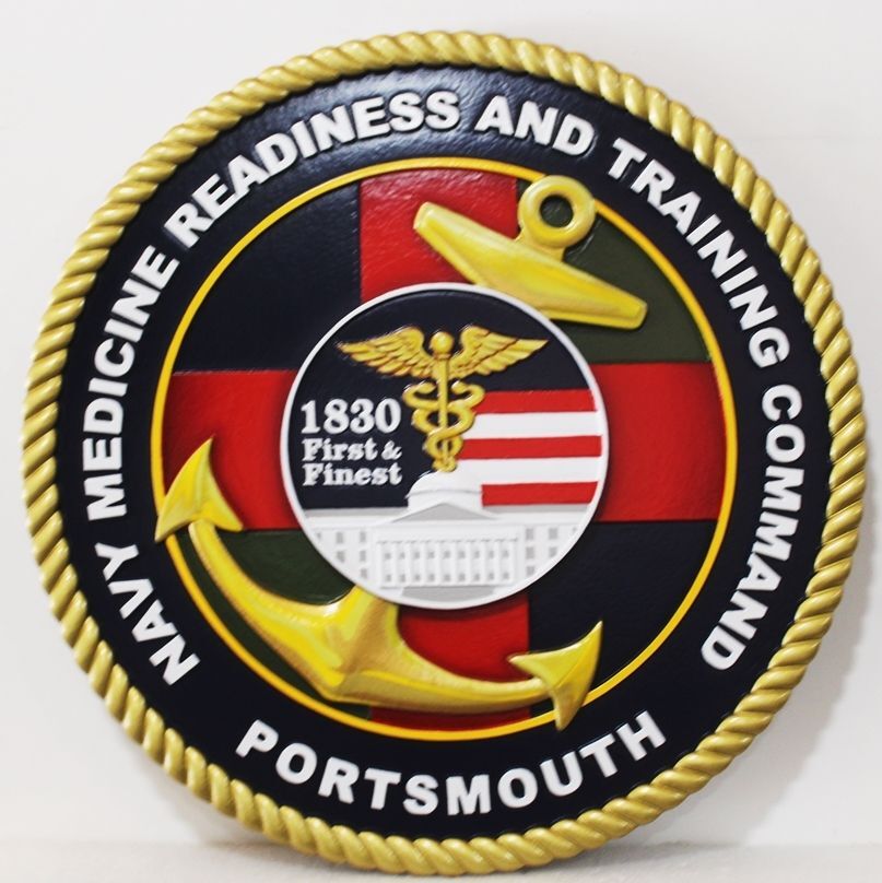 JP-2346 - Carved 3-D Bas-Relief Plaque of the Crest  of the Navy Medicine Readiness and Training Command, Portsmouth