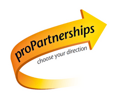 Yellow arrow logo going to the upper right with writing. Text Reads: proPartnerships choose your direction