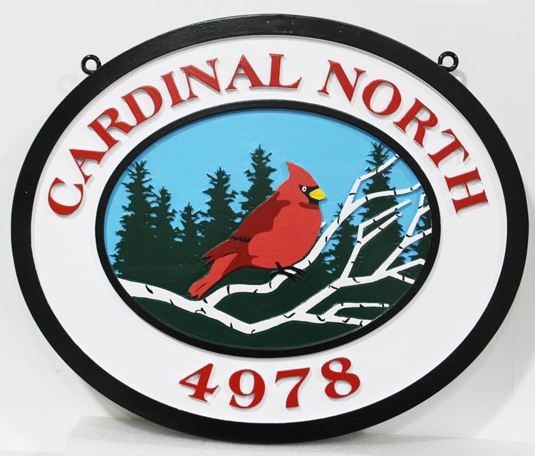   MM2803 - Carved 2.5-D Multi-Level  HDU Property Name and Address Number Sign for "Cardinal North" , with Artist=Painted Cardinal Bird in Forest 