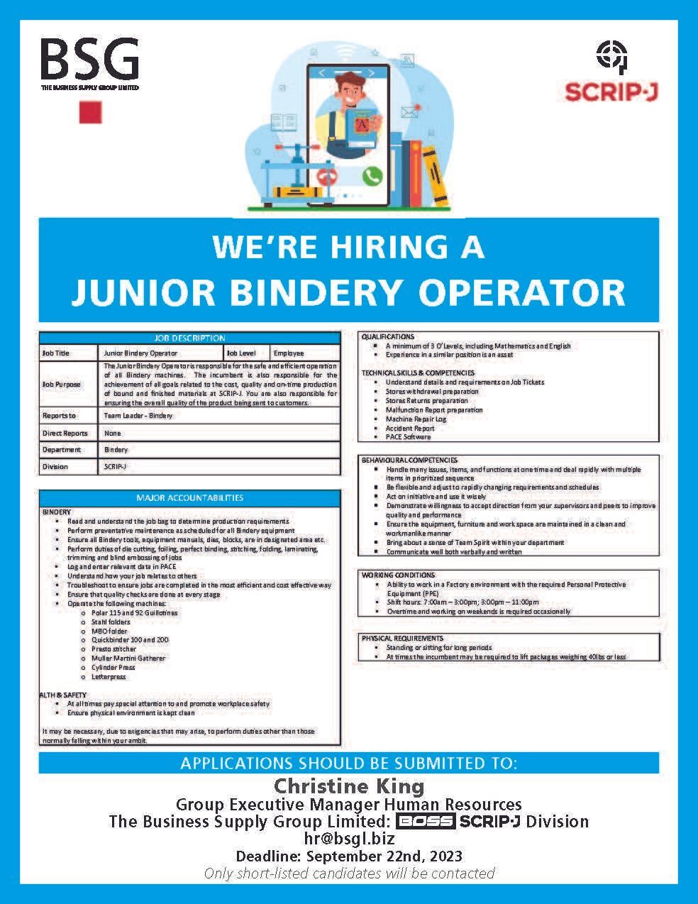 Junior Bindery Operator Vacancy