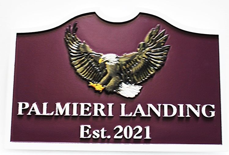 GA16443 - Carved 3D High-Density-Urethane (HDU)   Sign  for Palmieri Landing, with a Bald Eagle as Artwork 
