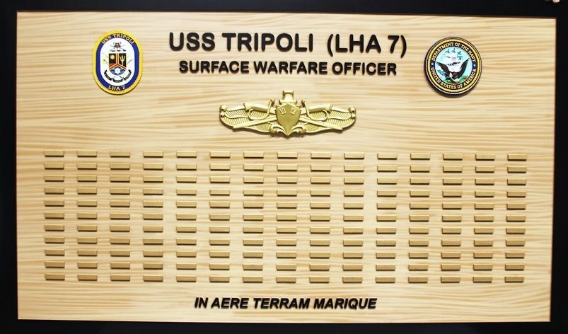 SA1472- Carved Faux Wood Grain High-Density-Urethane  Crew List  Board  for the US Navy  Ship  USS Tripoli Surface Warfare  Department 