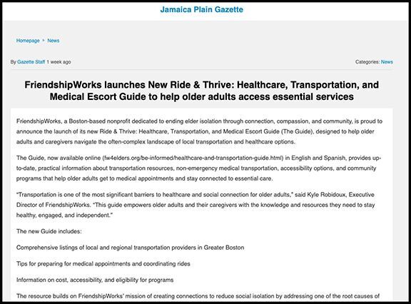 Jamaica Plain Gazette Promotes Release of New RIde & Thrive: Transportation, Healthcare, and Medical Escort Guide