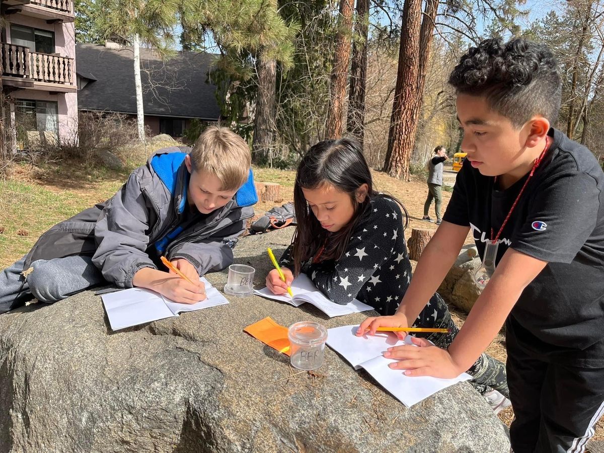 Three students dutifully documenting their discoveries in nature journals perched on rocks at the WRI campus.