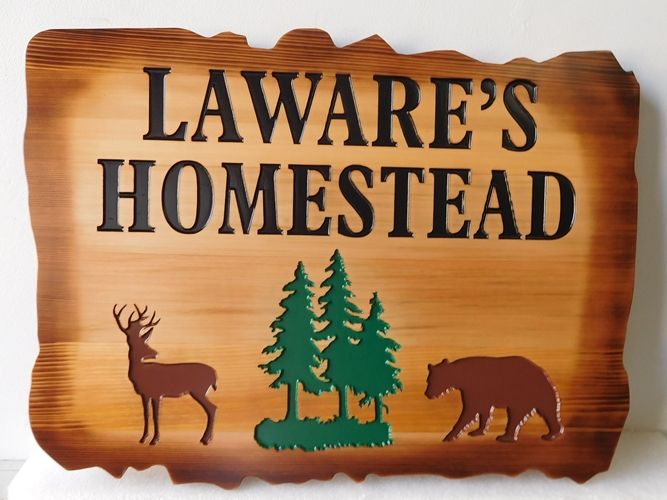 M22859 - Engraved Rustic Cedar Wood Cabin Sign "Laware's Homestead", with Bear, Deer and Trees as Artwork 