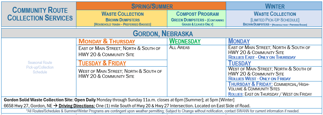 Gordon NE Route Collection Schedule Listing