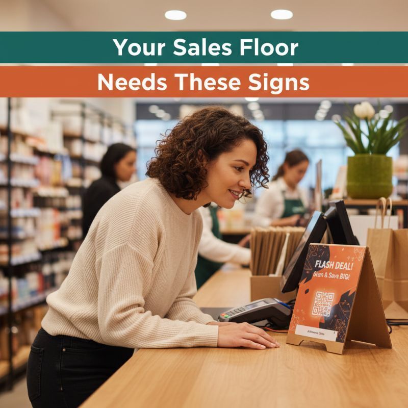 Professional POS signage example showing counter display with promotional messaging at retail checkout