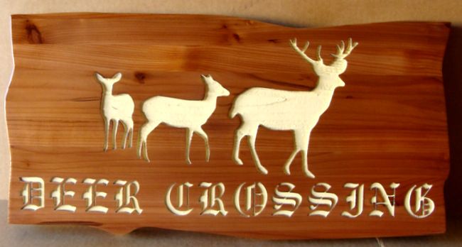 M22623 - Deer Crossing Cedar Sign, with Silhouettes of 3 Engraved Deer 