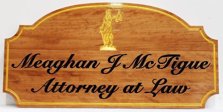 A10512  - Carved Engraved Mahogany  Sign for Meaghan J. McTigue,  Attorney at Law, with Lady Justice and 24K Gold-Leaf Gilding