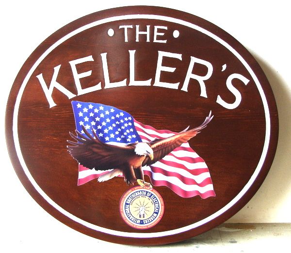 I18762 - Carved Cedar Wood Property Name Sign , with Full-Color US Flag Applique