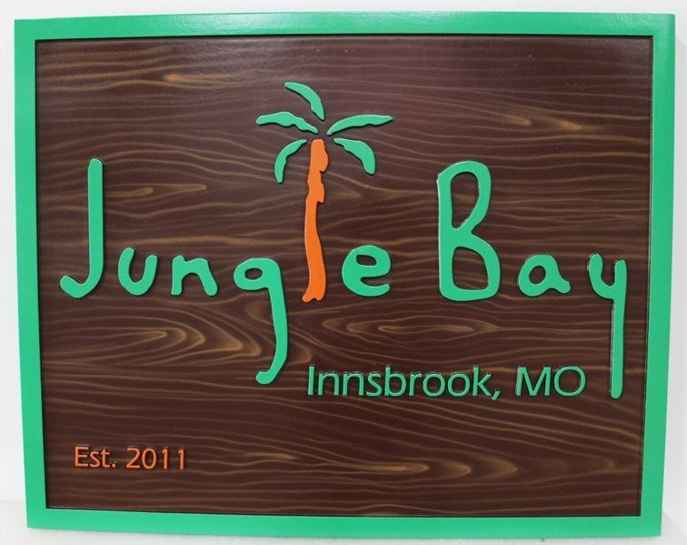 L21149 - Carved 2.5-D Raised Relief HDU Sign "Jungle Bay",  with  Background Painted in a Wood Grain Pattern.