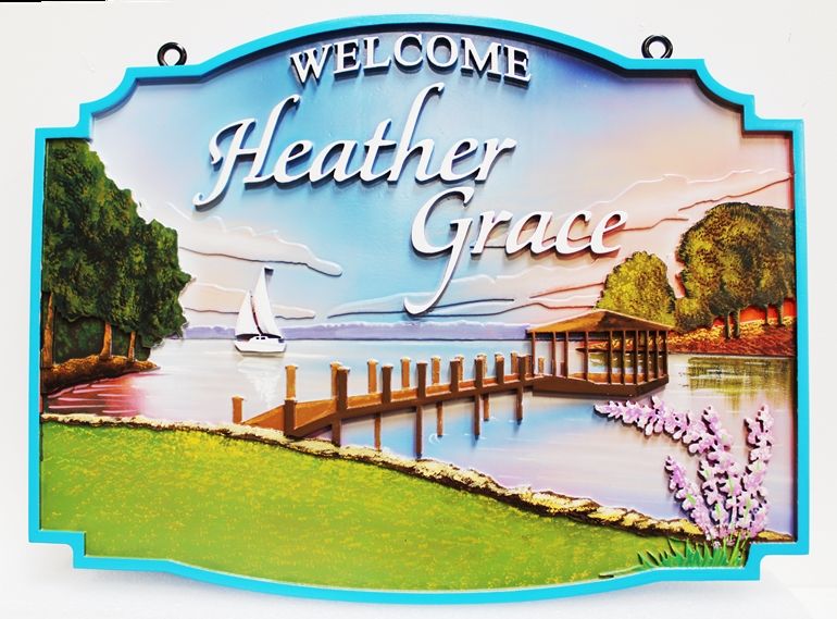 M1007 - Elegant Entrance Hanging Sign for "Heather Grace" , with Lake, Bridge and Sailboat as Artwork (Gallery 20)