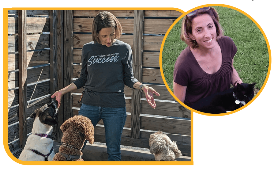 Karen Plescia, FriendshipWorks’ Animal Behaviorist with her furry friends.