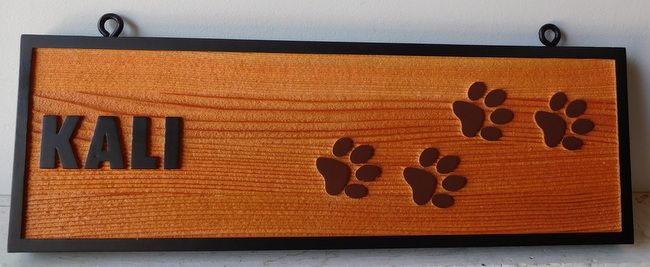 I18961- Sandblasted Cedar Wood residence Name Sign "Kali" , with Pawprints as Art