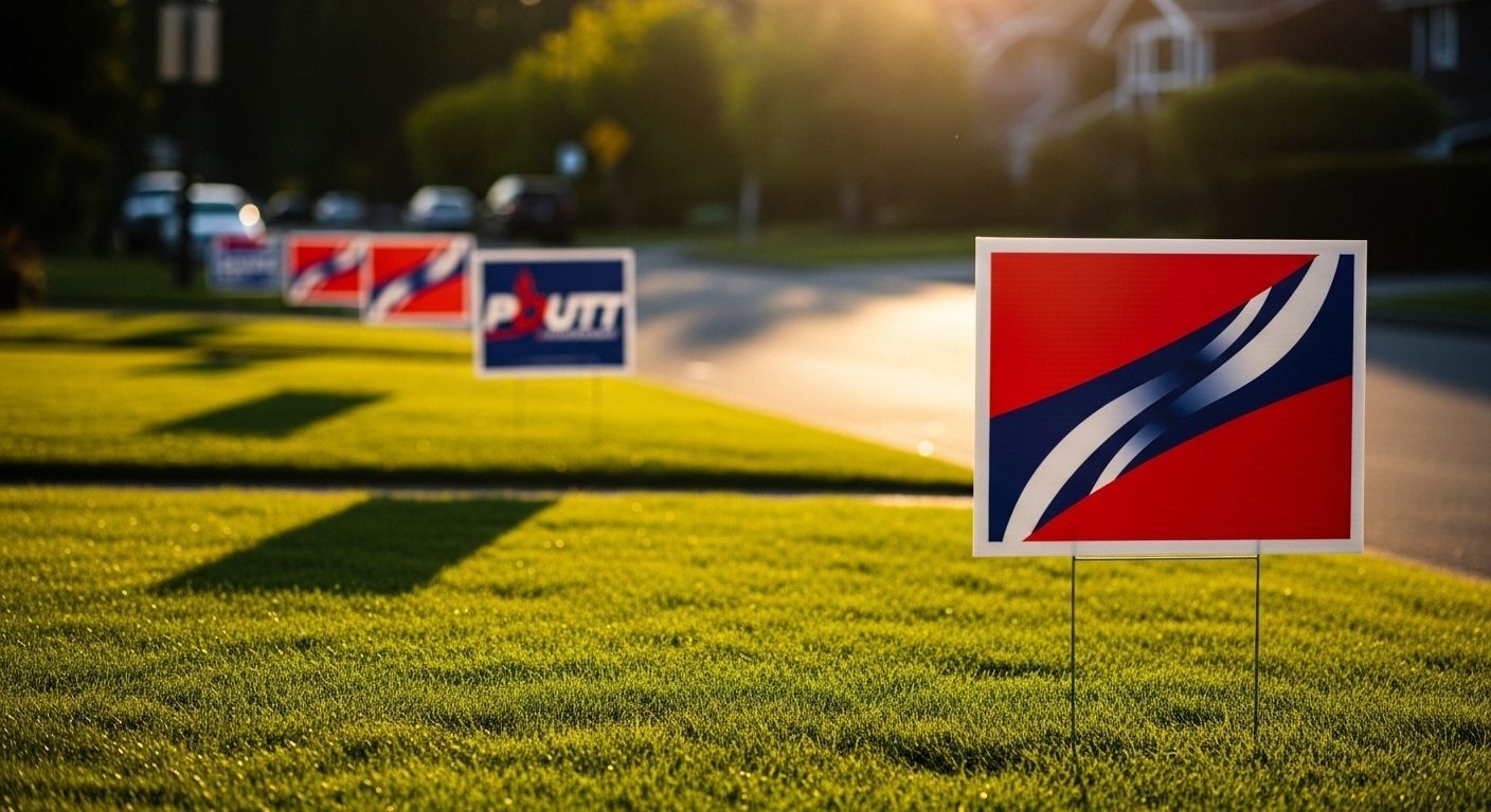 Eye-catching political yard signs installed on green lawns in Bellevue and Seattle, WA, showcasing high-quality, weather-resistant campaign signage with bold colors and professional printing, ideal for increasing local election visibility and voter engage