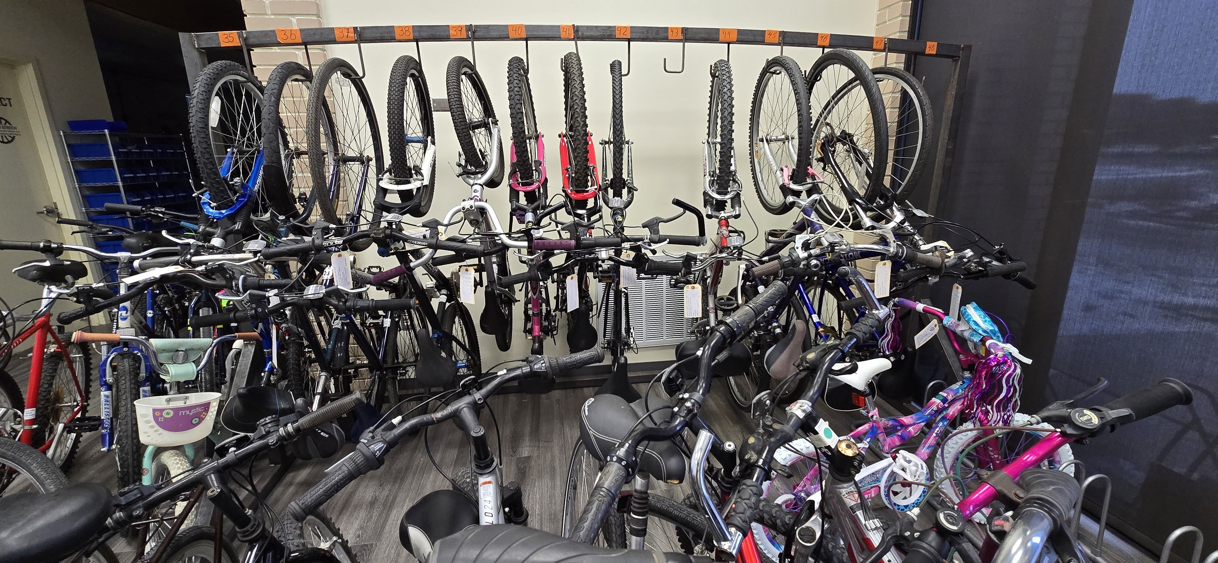 Bicycles in the lobby at the Lincoln Bike Kitchen