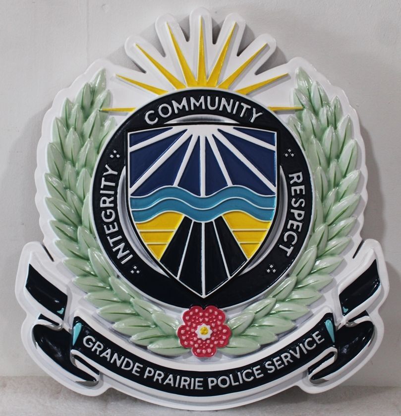 PP-3345 - Carvd 3-D Bas-Relief Artist-Painted Plaque of the Seal of the Grande Prairie Police Service, Alberta, Canada