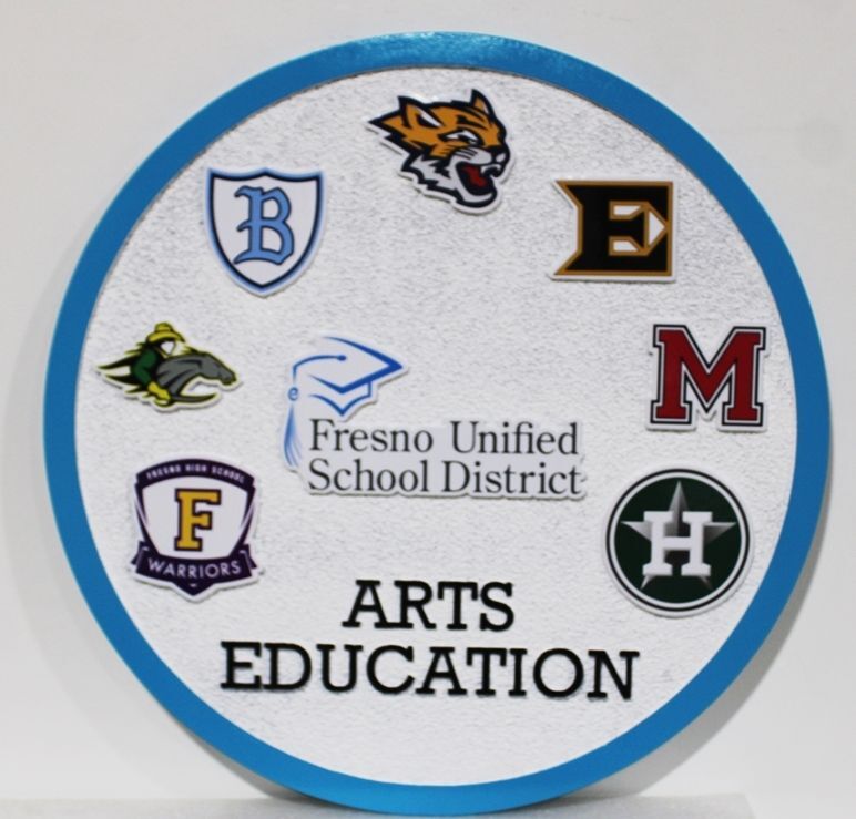 TP-1071 - Carved 2.5-D Multi-Level Relief HDU Plaque of the Seal of Arts Education of the Fresno Unified School District