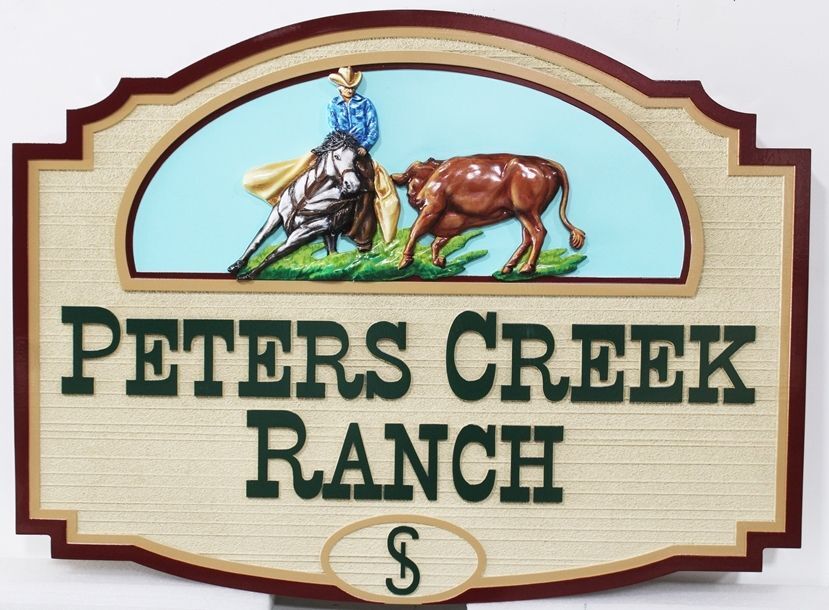 O24302 - Sandblasted and Carved HDU Peters Creek Ranch Entrance Sign with Cowboy & Horse  Cutting Out a Steer 