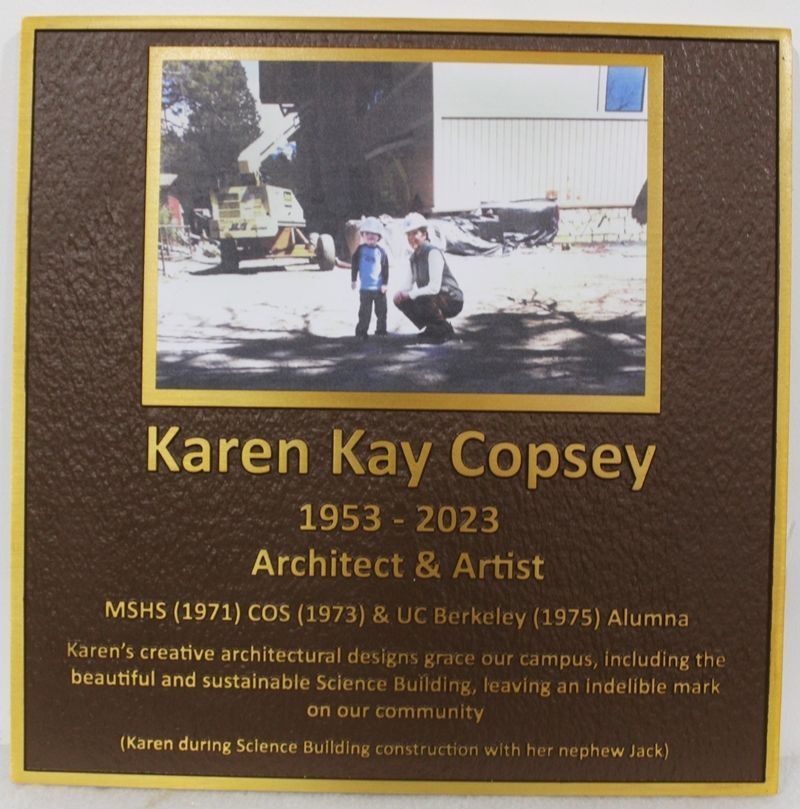 ZP-2047-  Carved Memorial Photo Plaque Honoring Karen Kay Copsey, Architect and Artist,  Painted Light and Dark Bronze