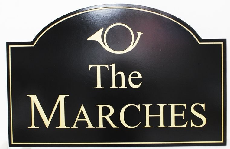 I18796A - Carved Property Name Sign for "The Marches" Residence, with a French Horn as Artwork