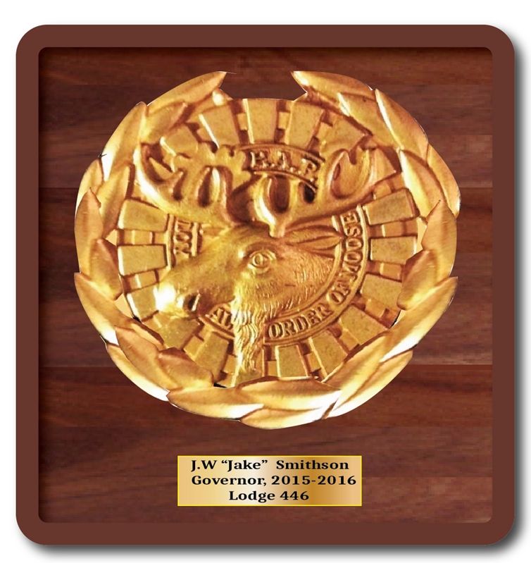 UP-2100- Carved Wall Plaque of the Order of the Moose Emblem, Gold Leaf Gilded on Mahogany Wood